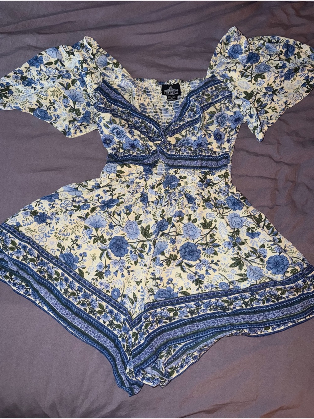 Angie Blue and Cream Floral Smocked ROMPER